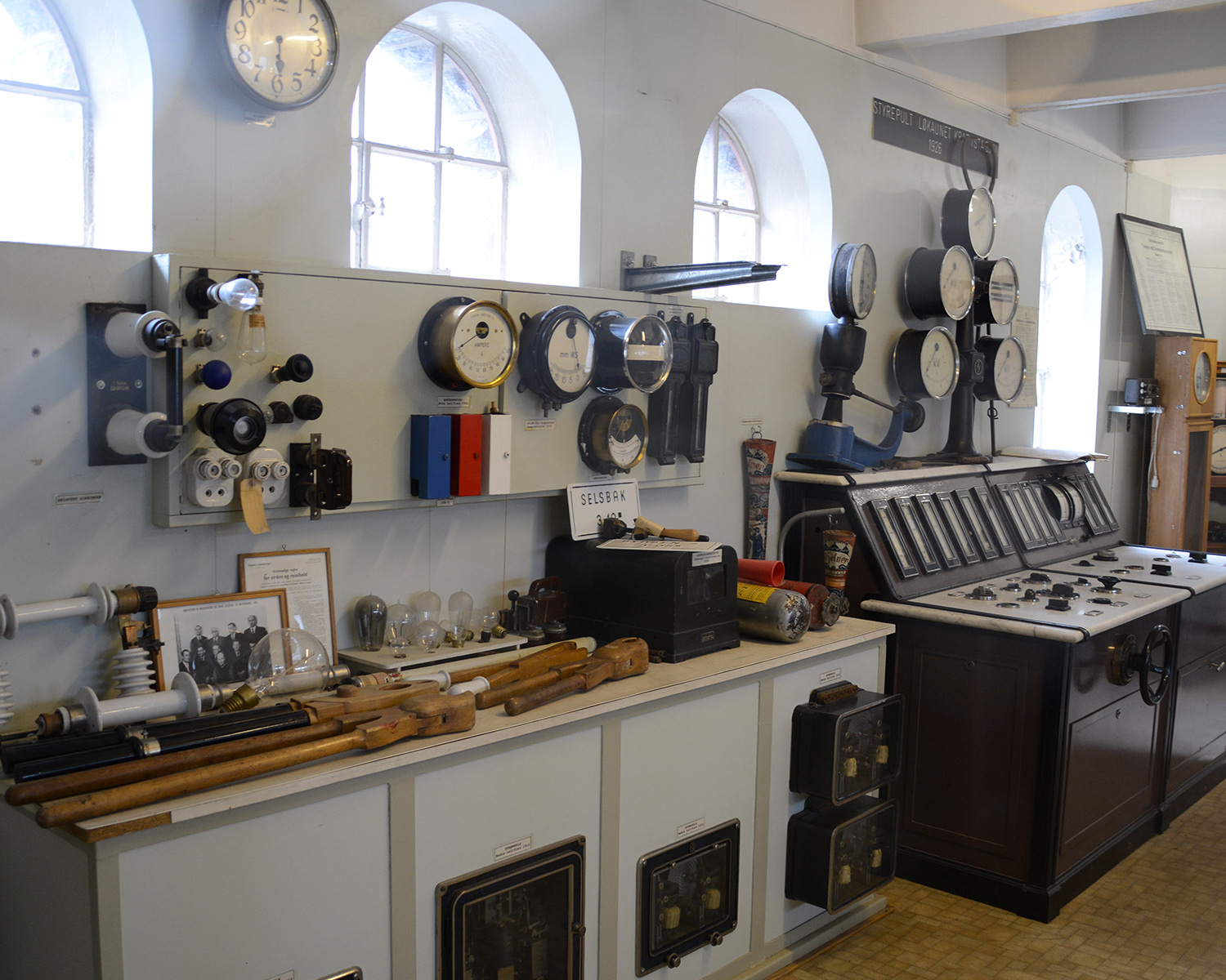 A room in the power plant is being used as a warehouse for historic material from a bygone era